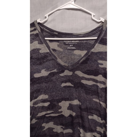 Lucky Brand Women Top Small Green Camo Burnout Short Sleeve V Neck T-Shirt Sheer - Picture 5 of 11